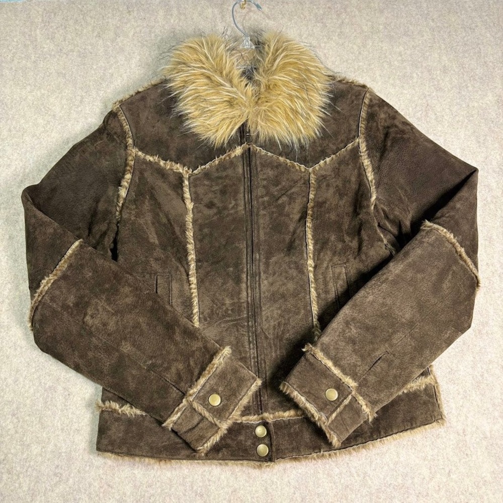 Mixit Jacket Womens Small Brown Suede Leather Faux Fur Trim Western Boho Y2K